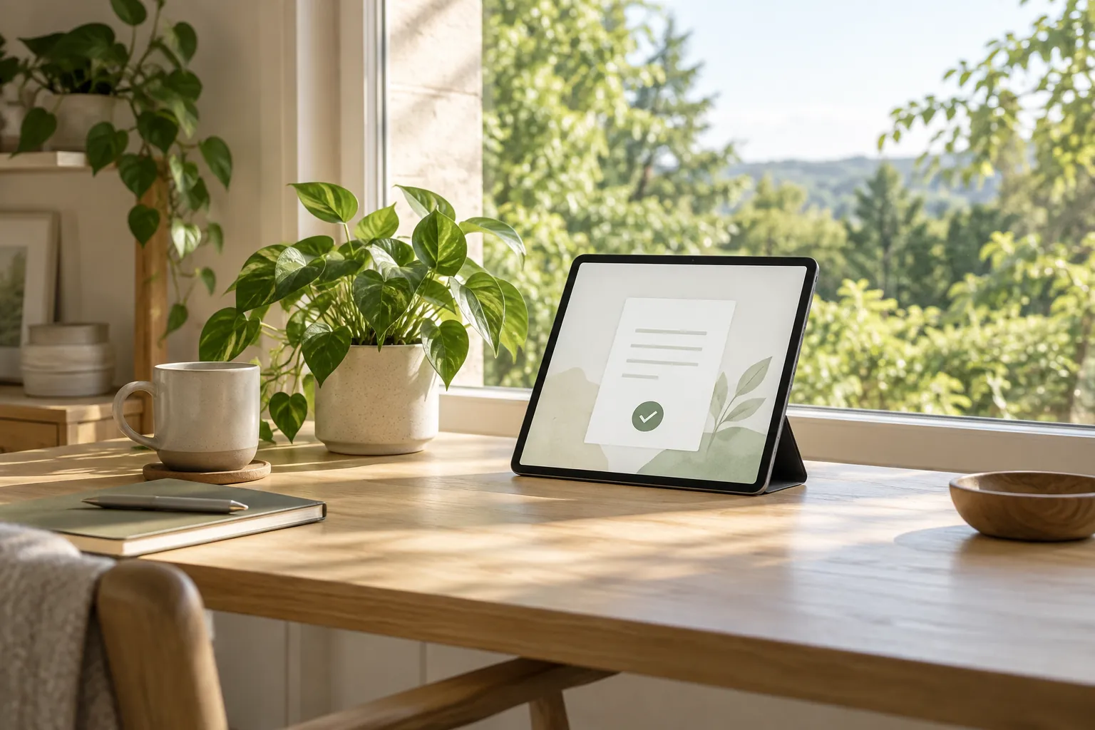 Un documento digital en una tableta junto a plantas y una ventana con vegetación.